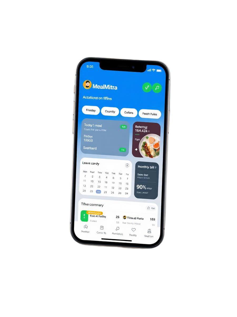 MealMitra app dashboard showing today's meal, leave calendar, and monthly bill